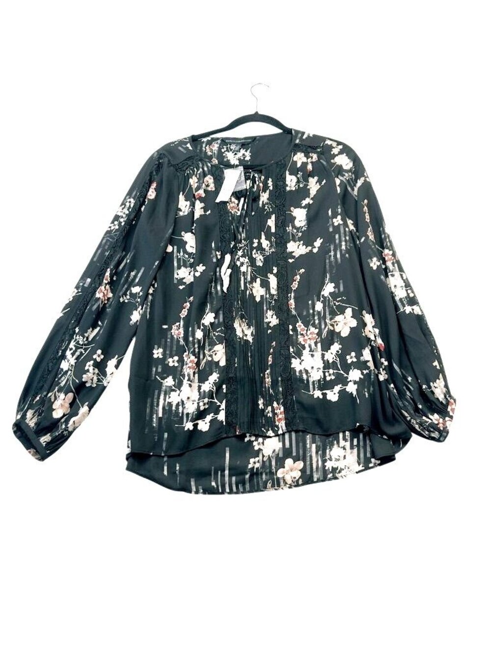 White House Black Market Size 4 Black Floral Sheer Peasant Blouse Top NWT